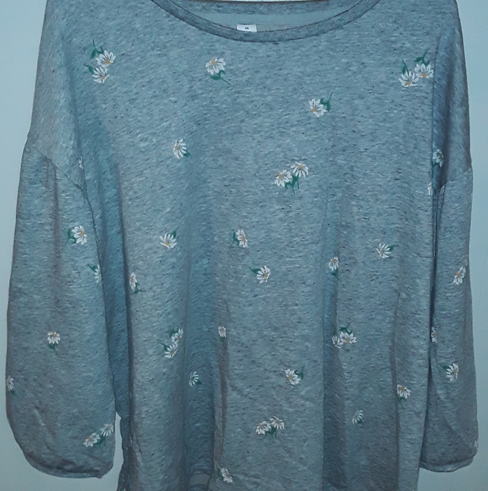 Plus size grey long sleeve floral patterned shirt